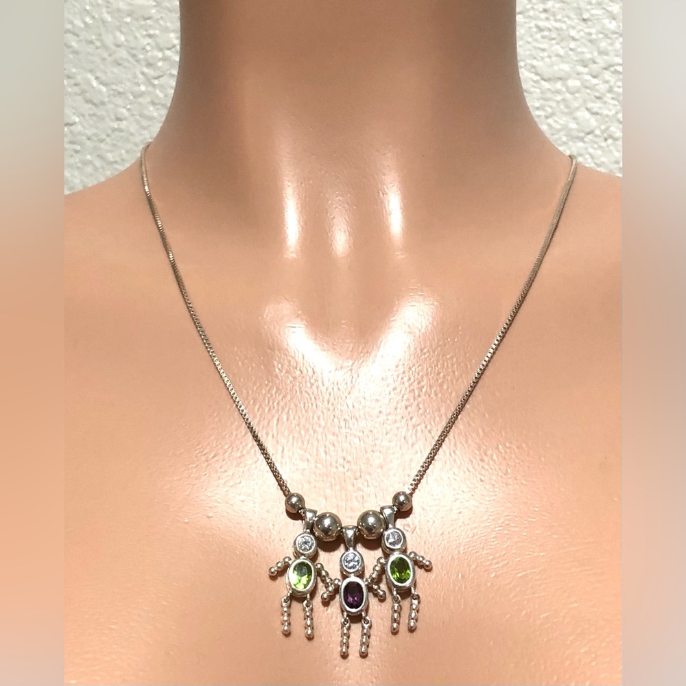Charming Silver Necklace with Green and Purple Gemstones